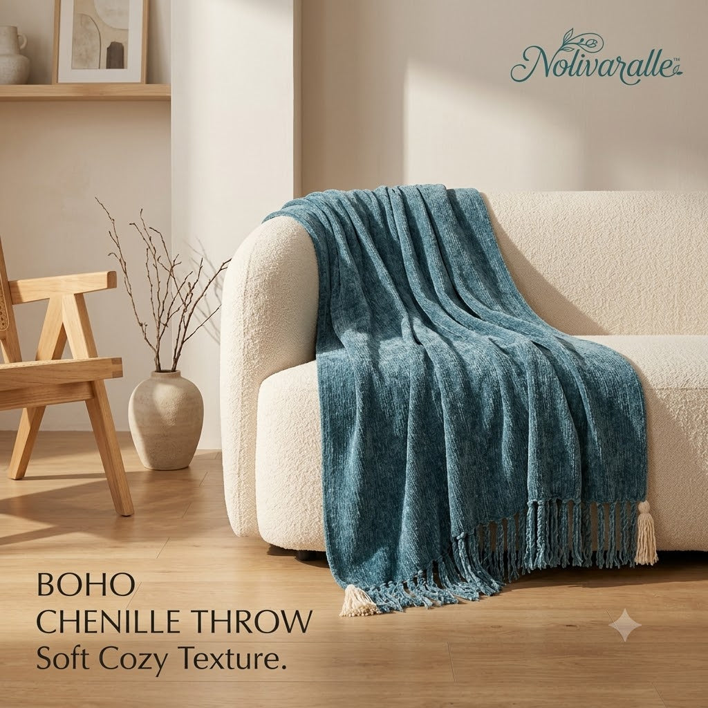 𝗡𝗼𝗹𝗶𝘃𝗮𝗿𝗮𝗹𝗹𝗲™ Boho Fringe Chenille Throw Blanket